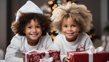 ai gegenereerd glimlachen kinderen uitpakken Kerstmis presenteert, verspreiden vreugde en geluk gegenereerd door ai foto