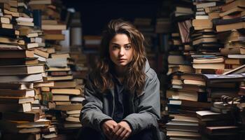 ai gegenereerd een jong vrouw aan het studeren in een bibliotheek, Holding een leerboek gegenereerd door ai foto