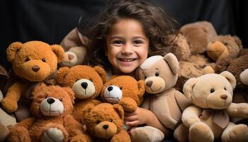 ai gegenereerd een schattig, glimlachen kind omarmt een pluizig teddy beer binnenshuis gegenereerd door ai foto