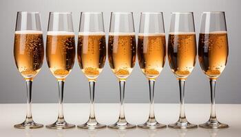 ai gegenereerd Champagne fluiten in een rij, gouden bubbels vieren de partij gegenereerd door ai foto