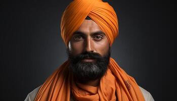 ai gegenereerd een zelfverzekerd Sikh Mens, elegantie in traditioneel tulband, glimlachen Bij camera gegenereerd door ai foto