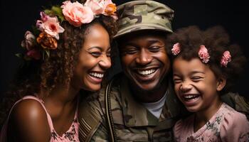 ai gegenereerd een gelukkig familie bonding buitenshuis, glimlachen en op zoek Bij camera gegenereerd door ai foto