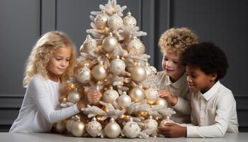 ai gegenereerd schattig meisjes lachend, decoreren Kerstmis boom, genieten van familie saamhorigheid gegenereerd door ai foto