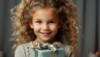 ai gegenereerd schattig meisje lachend, Holding geschenk doos, vieren verjaardag blij gegenereerd door ai foto