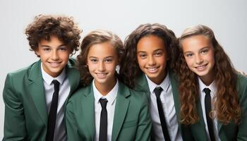 ai gegenereerd een vrolijk groep van kinderen in school- uniformen glimlachen samen gegenereerd door ai foto