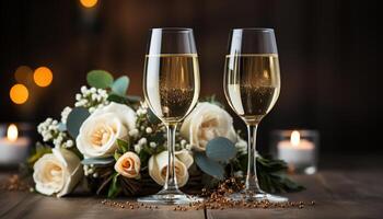 ai gegenereerd romantisch bruiloft viering met Champagne, wijn, en kaarslicht decoraties gegenereerd door ai foto