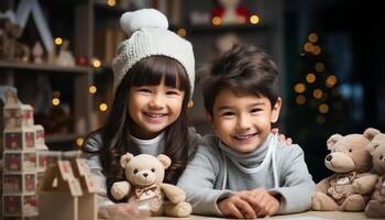 ai gegenereerd twee schattig meisjes lachend, vieren Kerstmis binnenshuis met familie gegenereerd door ai foto