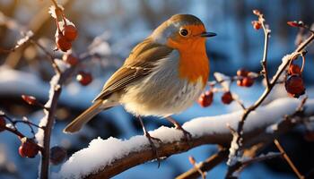 ai gegenereerd een schattig tit neerstrijken Aan een Afdeling in winter gegenereerd door ai foto