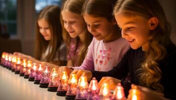 ai gegenereerd groep van kinderen zittend samen, lachend, Holding kaarsen, bidden gegenereerd door ai foto