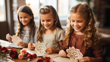 ai gegenereerd drie glimlachen meisjes genieten van ambacht, spelen met papier decoratie gegenereerd door ai foto