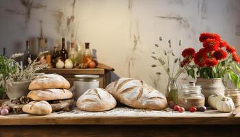 ai gegenereerd vers gebakken brood Aan houten tafel, een rustiek nog steeds leven gegenereerd door ai foto