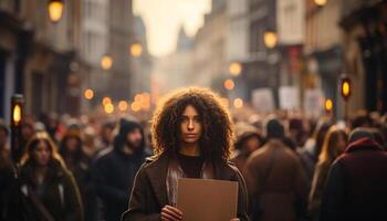 ai gegenereerd jong volwassenen wandelen in de stad, verlichte door straat lichten gegenereerd door ai foto