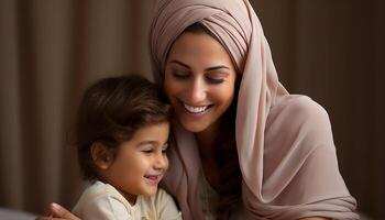 ai gegenereerd een gelukkig moeder omarmt haar schattig kind, uitstralend liefde gegenereerd door ai foto