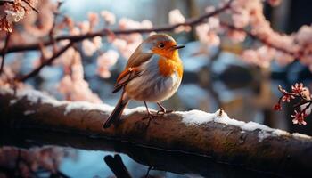 ai gegenereerd een schattig vogel neerstrijken Aan een tak, op zoek Bij de water gegenereerd door ai foto