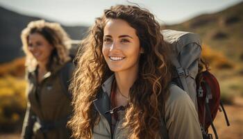 ai gegenereerd jong Dames wandelen in natuur, glimlachen en op zoek Bij camera gegenereerd door ai foto