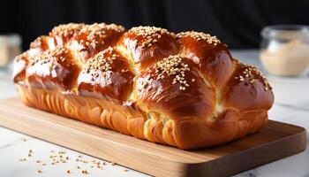 ai gegenereerd vers gebakken eigengemaakt brood Aan houten tafel, een zoet genot gegenereerd door ai foto