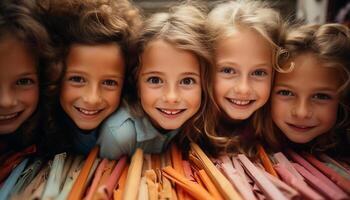 ai gegenereerd kinderen in een klas, glimlachen en op zoek Bij de camera gegenereerd door ai foto