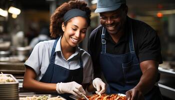 ai gegenereerd twee glimlachen mannen en Dames Koken, werken in een keuken gegenereerd door ai foto