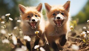 ai gegenereerd schattig puppy spelen in de gras, glimlachen Bij de camera gegenereerd door ai foto