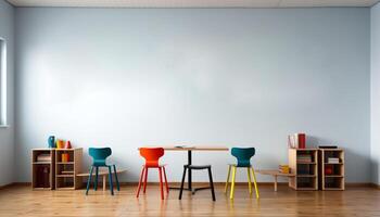 ai gegenereerd modern appartement met comfortabel blauw stoel en houten tafel gegenereerd door ai foto