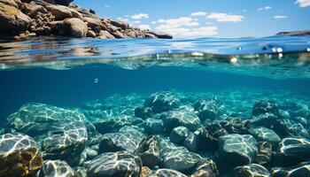 ai gegenereerd onderwater- vis zwemmen in transparant blauw water, hieronder tropisch rif gegenereerd door ai foto