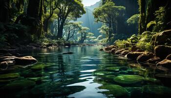 ai gegenereerd rustig tafereel groen Woud, vloeiende water, reflecterend natuurlijk schoonheid gegenereerd door ai foto