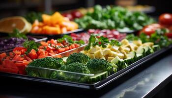 ai gegenereerd versheid en verscheidenheid Aan bord gezond salade, gegrild groenten, fijnproever maaltijd gegenereerd door ai foto
