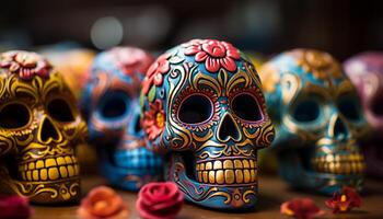 ai gegenereerd dag van de dood viering kleurrijk decoraties, spookachtig schedels gegenereerd door ai foto
