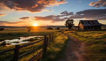 ai gegenereerd zonsondergang over- de landelijk landschap, een rustig weide badend in zonlicht gegenereerd door ai foto