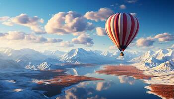 ai gegenereerd vliegend heet lucht ballon over- besneeuwd berg bereik, een avontuur gegenereerd door ai foto