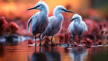 ai gegenereerd een groep van zilverreigers neerstrijken Aan een Afdeling in de moeras gegenereerd door ai foto