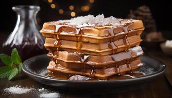 ai gegenereerd eigengemaakt belgisch wafel stack met chocola siroop en vers bessen gegenereerd door ai foto