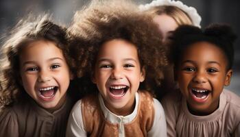 ai gegenereerd groep van kinderen spelen buitenshuis, glimlachen en op zoek Bij camera gegenereerd door ai foto