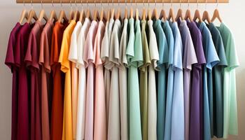 ai gegenereerd mode winkel wordt weergegeven een verscheidenheid van kleurrijk kledingstukken Aan hangers gegenereerd door ai foto