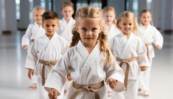 ai gegenereerd groep van kinderen beoefenen taekwondo in sport- uniformen, glimlachen gelukkig gegenereerd door ai foto