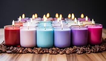 ai gegenereerd aromatherapie kaars brandend, verhelderend donker nacht met levendig kleuren gegenereerd door ai foto