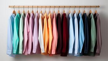 ai gegenereerd een levendig verzameling van multi gekleurde kledingstukken hangende in een winkel gegenereerd door ai foto
