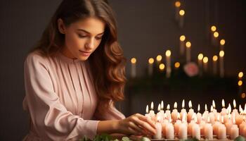 ai gegenereerd een vrouw zitten, Holding kaars, lachend, genieten van knus winter nacht gegenereerd door ai foto