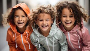 ai gegenereerd glimlachen kinderen spelen buitenshuis, genieten van herfst, bonding in vriendschap gegenereerd door ai foto