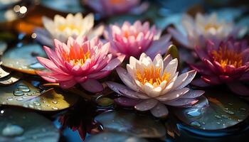 ai gegenereerd levendig lotus bloem weerspiegelt elegantie en schoonheid in natuur gegenereerd door ai foto