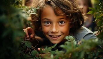 ai gegenereerd glimlachen kind buitenshuis, geluk in natuur, vrolijk kinderjaren levensstijlen gegenereerd door ai foto