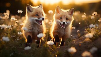 ai gegenereerd schattig puppy spelen in de gras, natuur blij schoonheid gegenereerd door ai foto