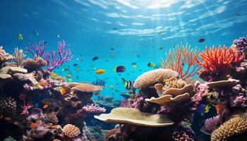 ai gegenereerd onderwater- rif, vis, natuur, koraal, dier, water, tropisch klimaat, multi gekleurde gegenereerd door ai foto
