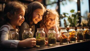 ai gegenereerd kinderen lachend, genieten van natuur, Holding planten, aan het leren samenspel en groei gegenereerd door ai foto