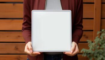 ai gegenereerd jong volwassen zakenman Holding digitaal tablet, tonen succes in bedrijf gegenereerd door ai foto