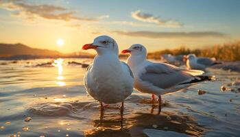 ai gegenereerd zeemeeuw vliegend over- water, zonsondergang weerspiegelt schoonheid in natuur gegenereerd door ai foto