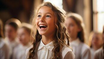 ai gegenereerd een vrolijk groep van kinderen aan het studeren in een klas gegenereerd door ai foto