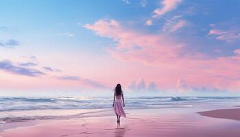 ai gegenereerd een vrouw staand Aan zand, genieten van zonsondergang, sereen en gelukkig gegenereerd door ai foto