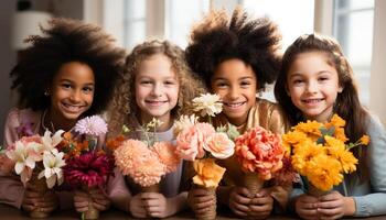 ai gegenereerd glimlachen meisjes, vrolijk jongens, schattig kinderen enkel en alleen, genieten van natuur gegenereerd door ai foto