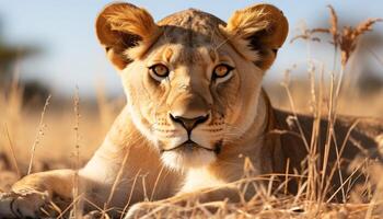 ai gegenereerd majestueus leeuwin resting in de Afrikaanse wildernis, alarm in zonlicht gegenereerd door ai foto